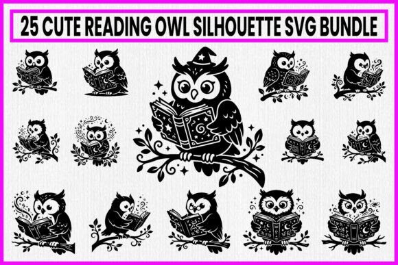 25 Cute Reading Owl Silhouette Bundle: A Versatile Graphic Design Asset for Crafts and Marketing