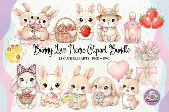 Bunny Love Picnic Clipart Bundle: A Delightful Graphic Design Asset for Spring Campaigns