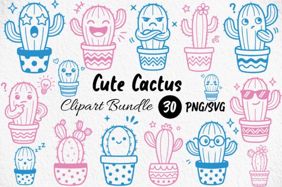 Cute Cactus Clipart Bundle PNG SVG