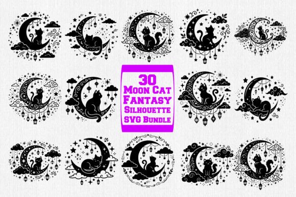 Moon Cat Fantasy Silhouette SVG Bundle: A Magical Graphic Design Asset for Creative Publishing